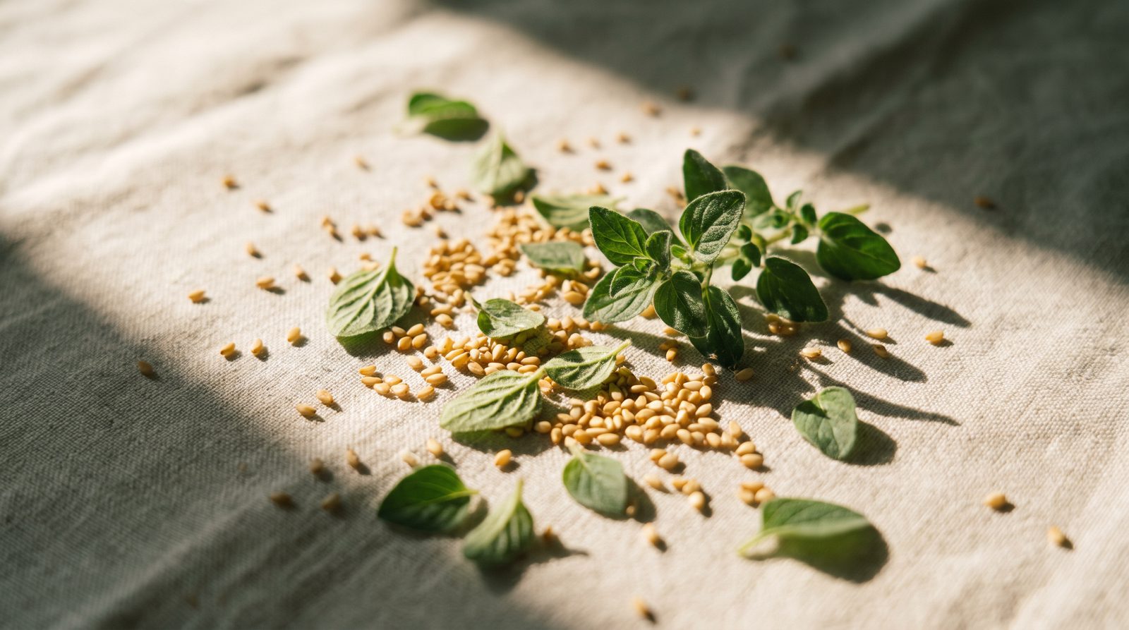 Fresh oregano and cold-pressed sesame on bone linen